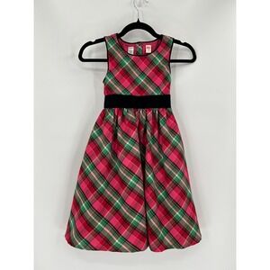 Vintage Oshgosh Girls 7 Pink Red & Green Plaid Dress Lined With Tulle Velvet Tie